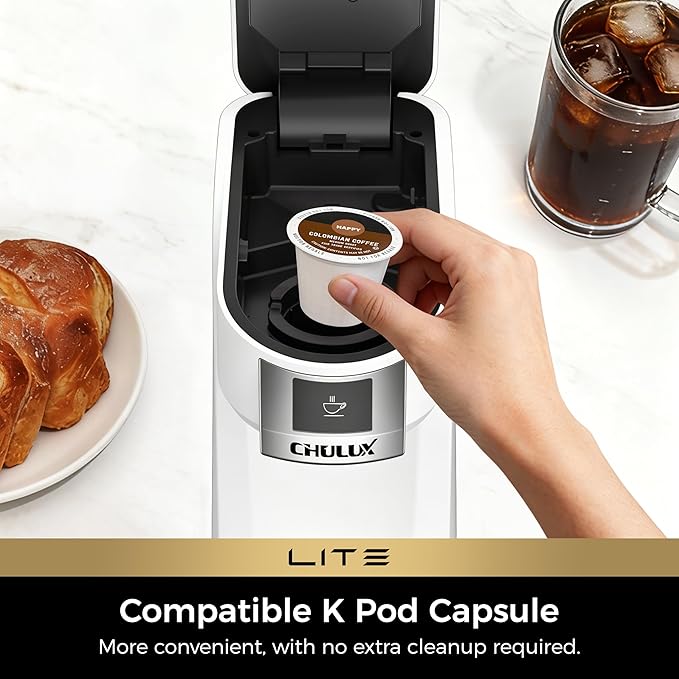 CHULUX Lite Single Serve Coffee Maker for K Cup Capsules, Single Cup Reservoir Coffee Maker with One Touch Brewing, 5 to 12 Oz Brew Sizes, Designed Specifically for Standard Mugs, White
