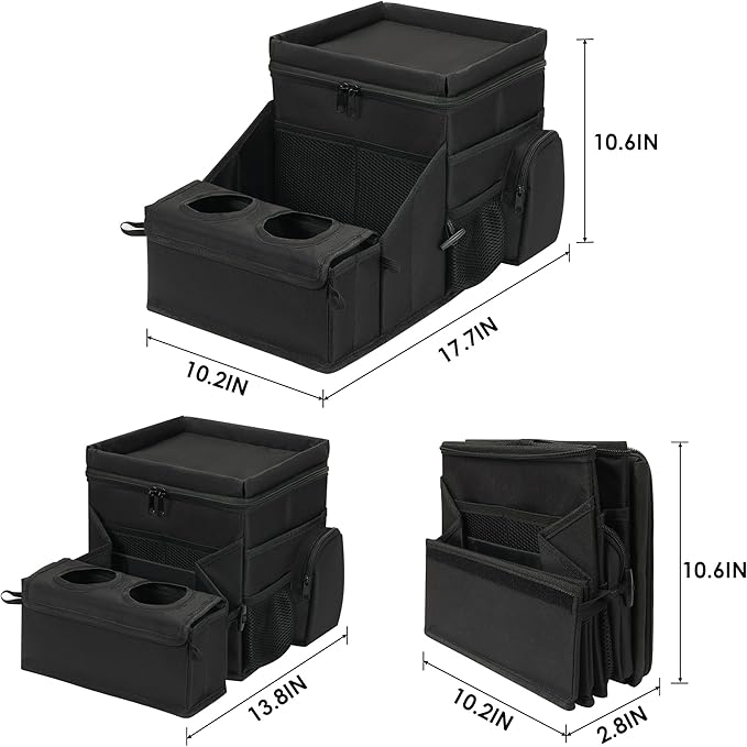 Car organizer for kids ，Backseat Organizer for Kids and Passenger Seat Organizer for Adults ，Car Seat Cooler and Warmer with Cup Holders and Convertible Tray Lid(Black)