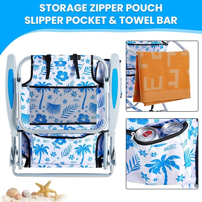 2 Pack Lightweight Portable Camping Beach Chair for Adults, Outdoor Lay Flat Folding Beach Chairs with 5 Positions, Backpack Beach Chair with Towe, Zipper Pouch, Cup Holder, Blue Coconut Tree