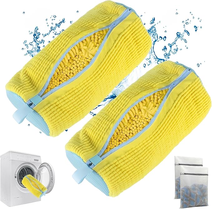 Shoe Washing Machine Bag, 2PC Reusable Laundry Shoe Bag for Washer and Dryer, Sneaker & Tennis shoe laundry bag, Ykk Zipper Multi-Functional Shoe Cleaning Bag (2PCS + 2PCS Yellow)
