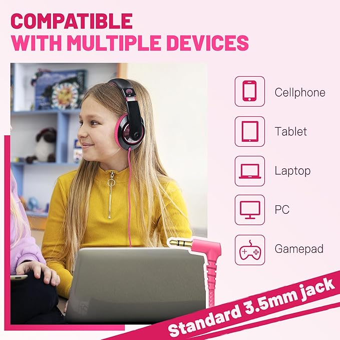 rockpapa Comfort Kids Headphones for School, Lightweight Foldable Portable Childs Boys Girls Teens Headphones Wired 3.5mm with 4.9ft Cord for Travel Airplane Tablet Phone Pad Laptop Black/Pink
