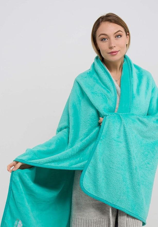 BlueHills Premium Soft Travel Blanket Pillow Value Pack Set of 2 - Airplane Flight Blanket Throw in Soft Bag with Luggage Belt Compact Pack Large Blanket for Travel Teal and Purple Colors