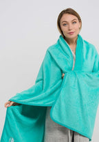 BlueHills Premium Soft Travel Blanket Pillow Value Pack Set of 2 - Airplane Flight Blanket Throw in Soft Bag with Luggage Belt Compact Pack Large Blanket for Travel Teal and Purple Colors