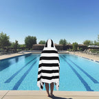 COTTON CRAFT Hooded Beach Towel – Oversized 39 x 68 Towel with Hood for Adults - 100% Ringspun Cotton Velour Terry Towel - 450 GSM Super Soft Plush Absorbent Quick Dry Bath Wrap – Cabana Stripe Black
