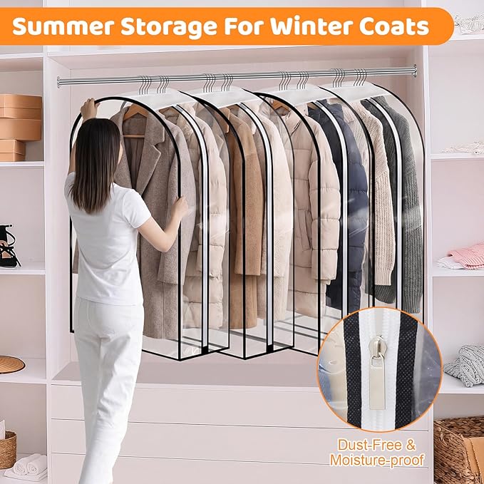 2 Pack Full Clear Garment Bags with Side Zipper, 40" Clothes Covers with 10" Gusset, Transparent Hanging Suit & Coat Covers for Closet Storage, Dresses, Windbreakers, Jackets