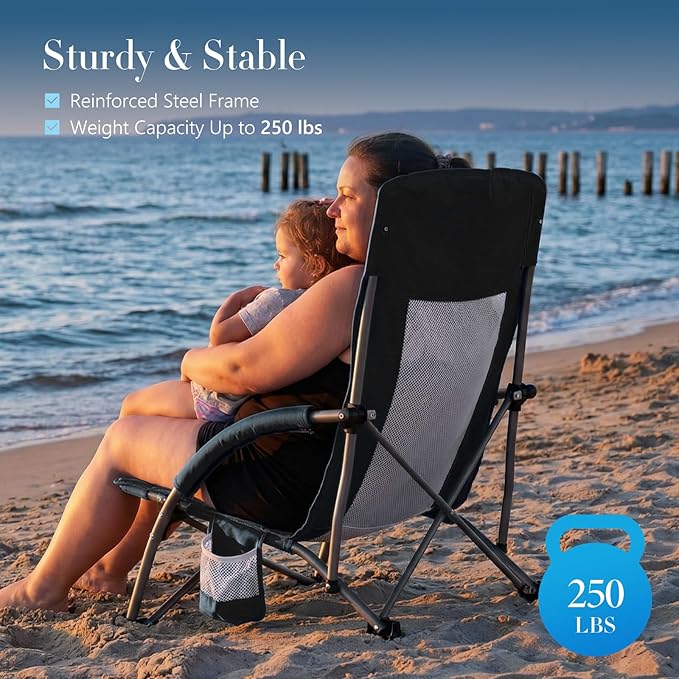 DUMOS Low Beach Chair for Adults, Lightweight Folding Beach Chair with Cup Holder, Storage Bag, Breeze Mesh Back, Padded Armrests, Compact Low Profile Chair for Camp, Picnic, Lawn, Sand