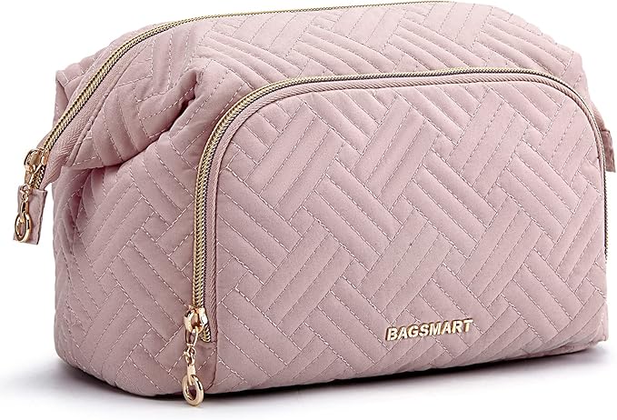 BAGSMART Travel Makeup Bag, Cosmetic Bag Small Make Up Organizer Case,Wide-open Pouch for Women Purse for Toiletries Accessories Brushes Pink