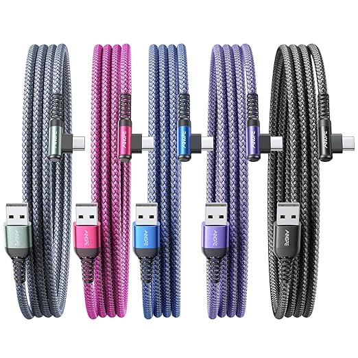 AINOPE USB to USB C Cable [5-Pack, 6.6ft] 3.1A Type C Charger Fast Charging, Right Angle USB to C Cable for Galaxy A15 A25 A35 A55 A54, S10+ S10 S9, Note 20 10 9, LG V30, Moto G, Multicolored
