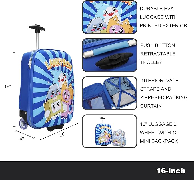 Bioworld Lanky Box Character Group Shot 2-Piece Youth EVA Wheeled Youth Luggage & Travel Backpack Set