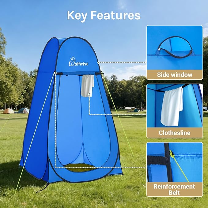 Wolfwise Pop Up Shower Tent for Camping, Portable Instant Changing Tent with Ventilation Window & Carry Bag, Privacy Bathroom Toilet for Beach & Outdoor, Width 47 ", Height 83 ", Blue