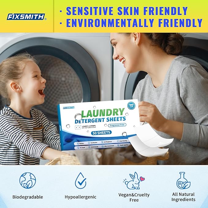 FIXSMITH Laundry Detergent Sheets - 100 Loads (50 Sheets) Fragrance Free - Hypoallergenic,Unscented,Eco Friendly Laundry Detergent Strips Concentrated Travel Detergent Sheets.Plastic-Free,Liquidless