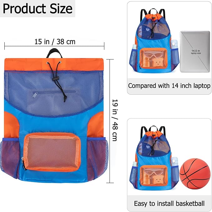 Swim Bag for Kids Mesh Beach Backpack for Boys Lightweight Drawstring Beach Bag Swimming Pool Sports Gym String Bag (Blue)