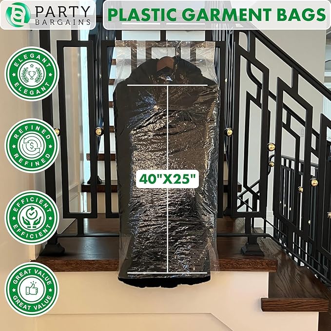 PARTY BARGAINS 40 x 25 Inch Disposable Clear Garment Bags, 50 Pack – Heavy-Duty Plastic Clothes Covers for Suits Dresses Coats, Closet & Travel
