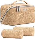 BOYATU Travel Makeup Bags Cosmetic Organizer Bag: 3 Pcs Set Large Capacity Floral Make up Bag with Compartments - Waterproof Leather Toiletry Bags with Handle for Women (17-Apricot)