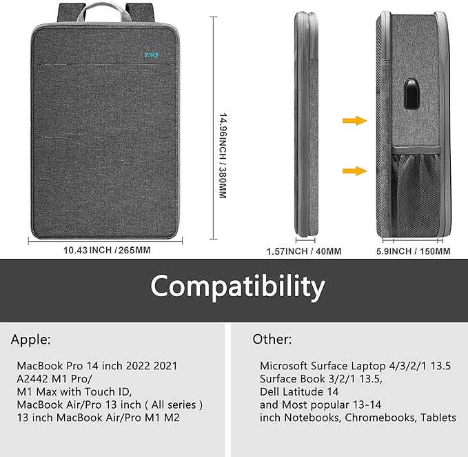 ZINZ Slim & Expandable Laptop Backpack Water Resistant Backpack Travel Backpack Compatible with MacBook Air/Pro/Neo 13-14 inch, XPS 13/14, Surface 13.5" and Most 13-14 Notebooks，G01Y01