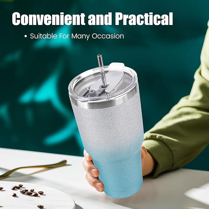 D·S 30 oz Tumbler Blue Glitter Gradient Cup Stainless Steel Double Wall Vacuum Insulated Mug with Straw and Lid, Cleaning Brush for Cold and Hot Beverages