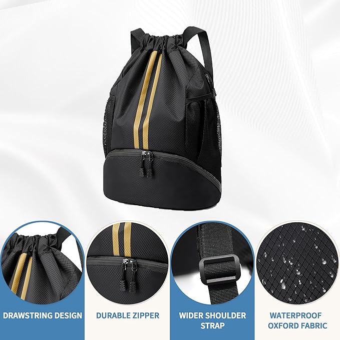 JELUTAR Drawstring Backpack Gym Bag with Shoes Compartment for Soccer, Basketball, Swim, Water-Resistant String Backpack Beach Cinch for Women Men, Black Gold
