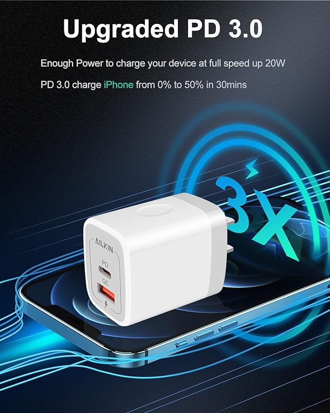 3Pack Dual Port USB-C Wall Plug-in USBC Charger, AILKIN 20W Power Delivery + QC3.0 USB A Double Port Fast Charging Block for iPhone 17 15 14 13 12 Pro Max 14 Pro Mini 16Pro Max 16 Plus 16E X XS Cube