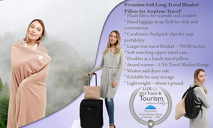 BlueHills Soft Long Travel Blankets 70X48 inches Large Plush Value Pack of 2 - Premium Airplane Travel Essential Flight Throw in a Bag Compact for Plane Travel Gift – Gray and Beige