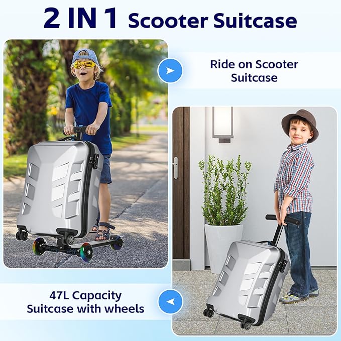 Scooter Suitcase for Kids & Adults，3-D Hardshell Ride On Scooter Luggage with Led Light Up Wheels，TSA Lock，Lightweight Foldable Carry On Rideable Suitcase for Children Teenagers (Silver, 21-inch)