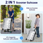 Scooter Suitcase for Kids & Adults，3-D Hardshell Ride On Scooter Luggage with Led Light Up Wheels，TSA Lock，Lightweight Foldable Carry On Rideable Suitcase for Children Teenagers (Silver, 21-inch)
