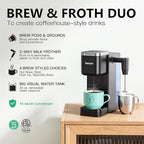 Tastyle Single Serve Coffee Maker with Built-in Detachable Milk Frother, Iced and Hot Coffee Machine for K Cup & Grounds, 40oz Removable Water Reservoir, 6 Cup Sizes, Fits 7.3" Travel Mug, Black