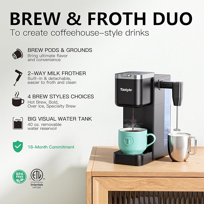Tastyle Single Serve Coffee Maker with Built-in Detachable Milk Frother, Iced and Hot Coffee Machine for K Cup & Grounds, 40oz Removable Water Reservoir, 6 Cup Sizes, Fits 7.3" Travel Mug, Black