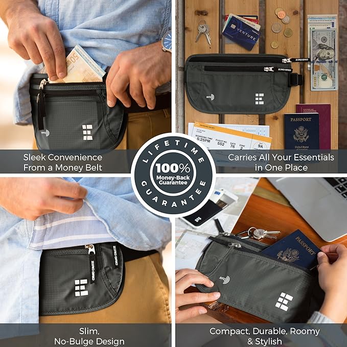 Money Belt for Secure Travel - RFID Blocking Slim Passport Holder - Hidden Waist Pouch for Cash, Credit Cards, Documents - Concealable Under Clothes, Water-Resistant Slim Fanny Pack for Men and Women