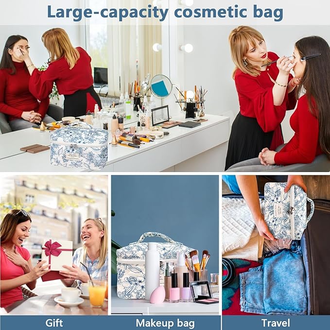 Gosect Large Makeup Bag, Cute Cosmetic Bag for Women Girls, Floral Coquette Aesthetic Toiletry Bag, Travel Make Up Organizer Bag (Navy Blue)