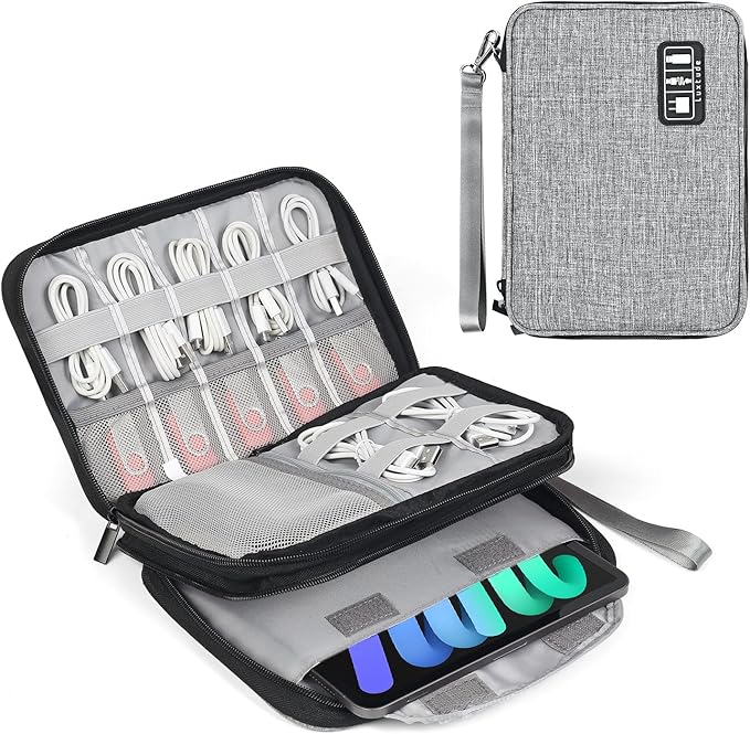 Luxtude Double Layer Cord Organizer Bag, Portable Cable Storage Case, Flat Electronic Organizer Travel Case, Portable Tech Bag for Cable/Cord Storage/iPad (up to 7.9")/Wall Charger/Electronics