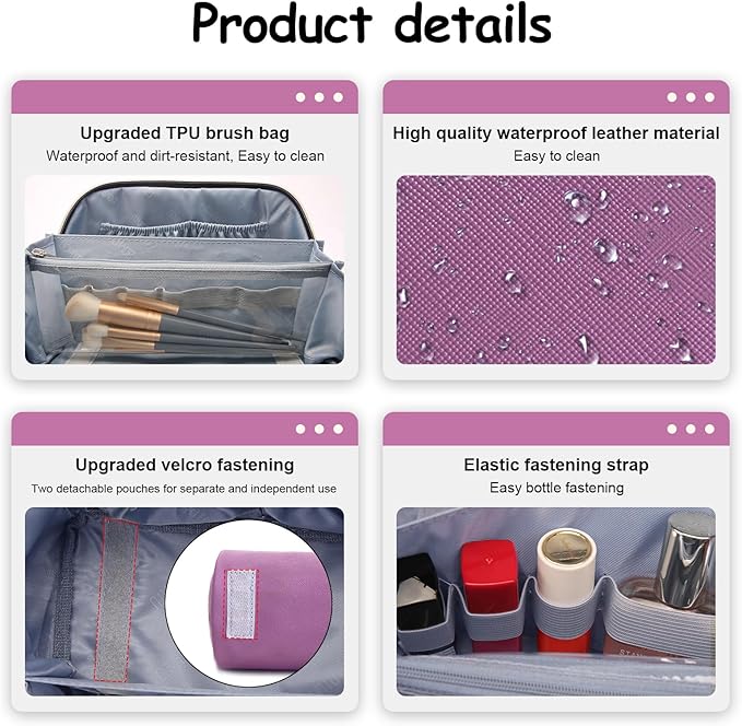 BOYATU Travel Makeup Bag Organizer Cosmetic Bag: 3 Pcs Set Make up Bags for Women with Handle - Waterproof Vegan Leather Toiletry Bags Travel Essentials Pouch with Compartments (A-05-Purple)