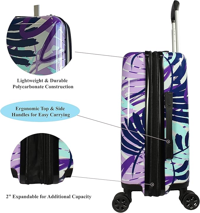 World Traveler VentureX Airline Approved 2-Piece Carry-On Luggage Set – Lightweight Hardside Polycarbonate Suitcase with Spinner Wheels - Tropical Leaves