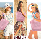 HOHOM Beach Bags for Women, Summer Travel Mesh Tote Bag with Large Inner Pocket, Sandproof Woven Shoulder Handbag