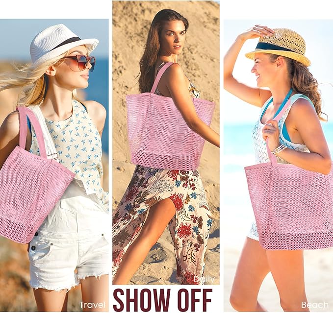 HOHOM Beach Bags for Women, Summer Travel Mesh Tote Bag with Large Inner Pocket, Sandproof Woven Shoulder Handbag