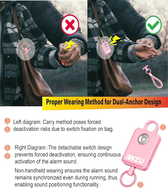 ‌WZU Recordable Personal Safety Alarm - FCC Certified Self Defense Alarm with 2 Emergency Modes - Rechargeable LED Strobe for Women/Men/Elderly - Jogging/Night Running/Travel/Home/Office - 4 Colors
