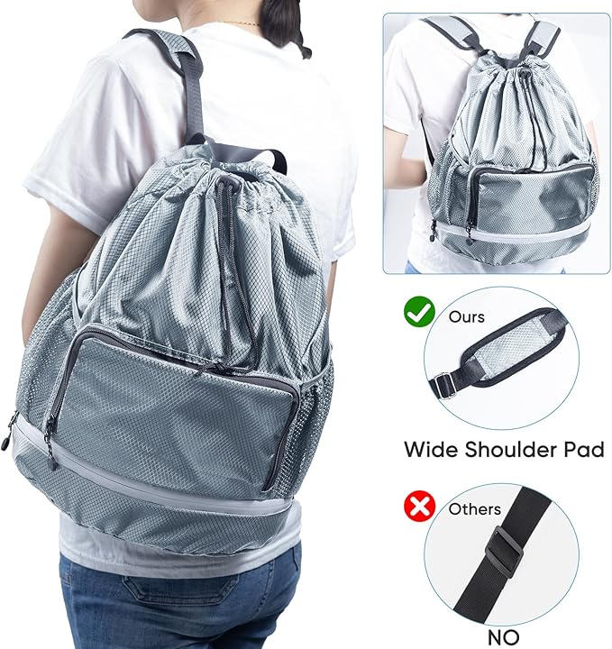 Swim Beach Sports Drawstring Backpack - Gym Bag with Shoes Compartment and Waterproof Pocket for Gym Accessories, Swim Essentials - Kids Mens Beach Workout Bag