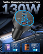 130W 3-Port USB C Super Fast Car Charger (with Voltage Display) for Samsung Galaxy S26/S25/ S24/S23/S22 Ultra/Z Fold/Flip, Android Phone, Type C Car Charger Adapter Accessories + 240W 3FT USB C Cable