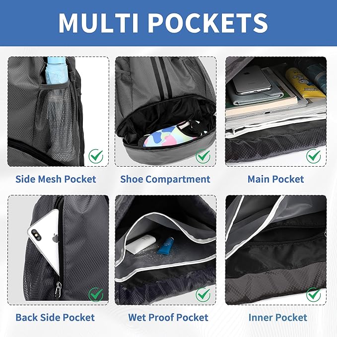 JELUTAR Drawstring Backpack Gym Bag with Shoes Compartment for Soccer, Basketball, Swim, Water-Resistant String Backpack Beach Cinch for Women Men, Dark Grey