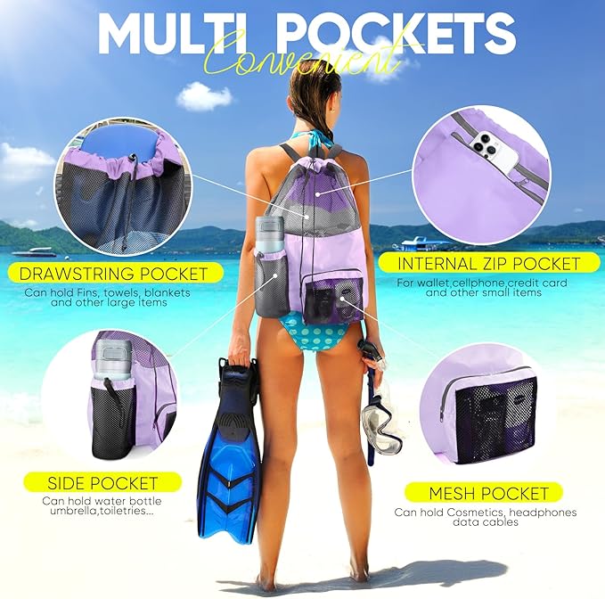 HOHOM Swim Mesh Beach Bag, Waterproof Gym Bags for Women and Men, Large Pool Bag Swimming Gear Drawstring Backpack