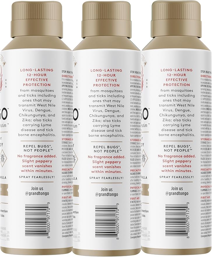 Grand Tongo Fragrance Free Insect Repellent, 12-Hour Mosquito & Tick Protection, Picaridin-Based, Water-Based, Lightweight, Quick-Drying, DEET Alternative, Face & Body Use, 3 Pack