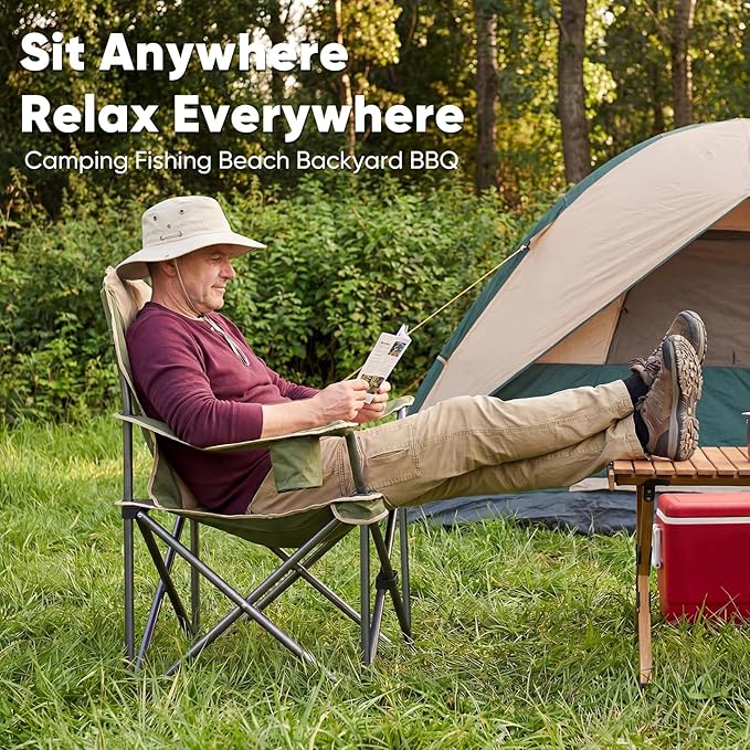 NEWBULIG Oversized Folding Camping Chair for Adults, Portable Outdoor Collapsible Chairs, 500 LBS Heavy Duty Support, with Cup Holders, Side Cooler & Pockets, for Lawn, Fishing, Hiking, Green
