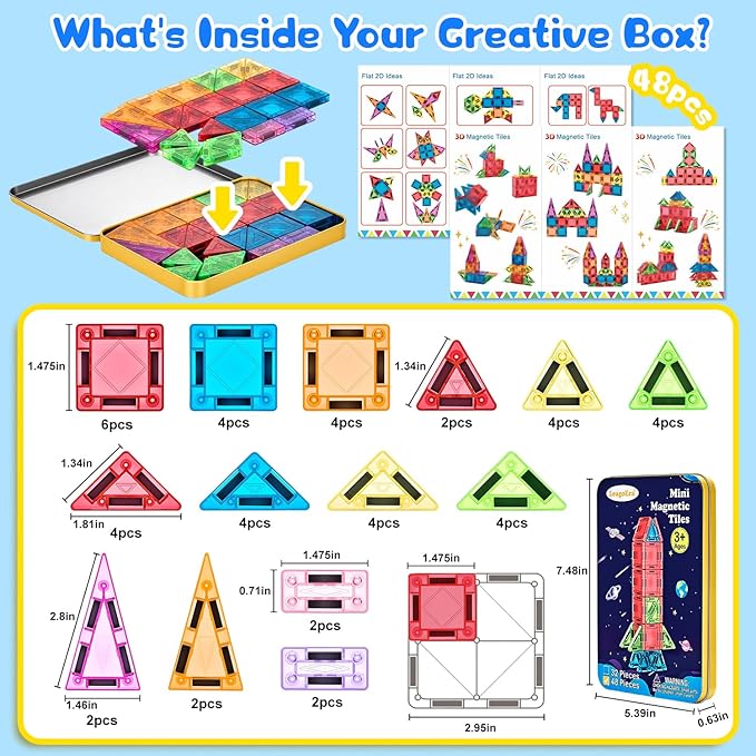 Magnetic Tiles Magnetic Blocks Building Toy: Portable Mini Magnetic Tiles Travel Set 48 Pieces Montessori Toys Birthday Gift for Kids Girls and Boys Ages 3-12 Years Old Preschool Classroom Must Haves