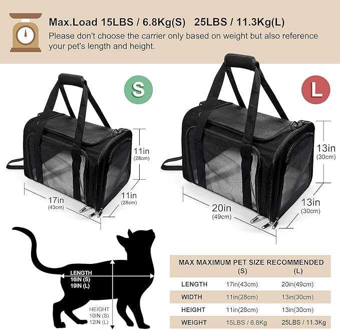 Dog Carrier for Pets, Up to 25 Lbs, Collapsible Travel Carriers for Puppy with Shoulder Strap and Removable Mat, 20x13x13 Inch, Black