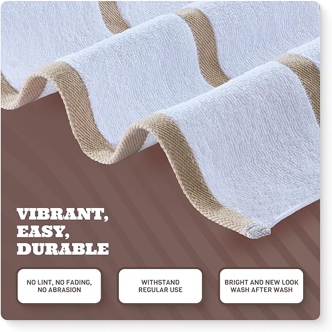 White Classic Cotton Pool Towels Oversized 35 x 70 Inches, Ultra Absorbent and Low Lint Striped Beach Towels for Adults, Stripes Design Luxury Extra Large Bath Towels, Cream Beige, 3 Pack