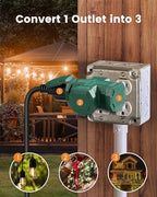 SURAIELEC Outdoor 3 Way Plug Adapter, Multi Plug Outlet Waterproof, 1 to 3 Power Splitter, Electrical 15A Multiple Outlet Extender with Cover for Outside Garden Garage, Green, ETL Listed, 3 Pack