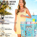 Fammart Mesh Beach Bag, Large Beach Tote with Zipper Pocket, Toys Pool Bag for Family Travel Vacation Cruise Essentials