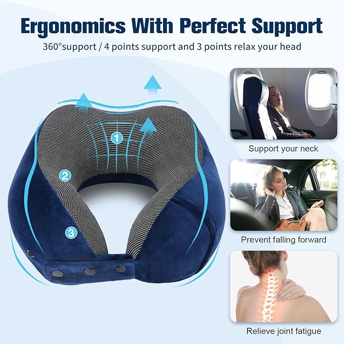 Cirorld Neck Pillow for Traveling, Travel Pillows for Airplanes,100% Pure Memory Foam Travel Neck Pillow, Adjustable Flight Pillow, Portable Plane Accessories with Eye Mask, Earplugs, Carry Bag
