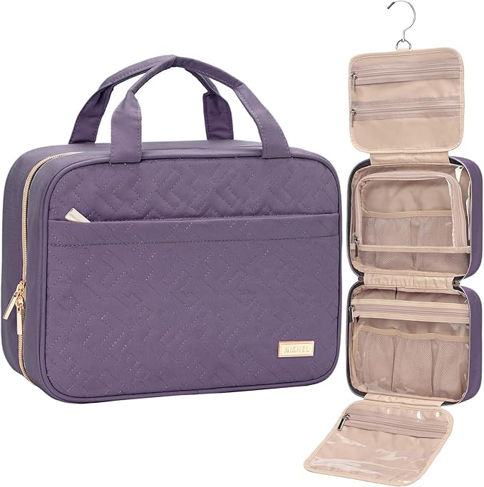 NISHEL Travel Toiletry Bag for women, Portable Hanging Organizer for Travel-Sized Shampoo, Conditioner, Brushes Set, Makeup Accessories, Medium Size, Purple