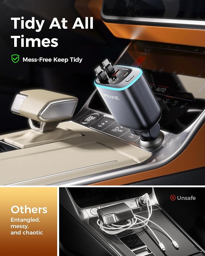 USB C Cable iPhone Car Charger, Retractable Fast USB C Phone Charger, Cigarette Lighter Adapter with 2 USBC Cables 25 Inch and 2 USB Ports, Multi Port Car Charging for iPhone 17/16/15/Pro Max-Gray