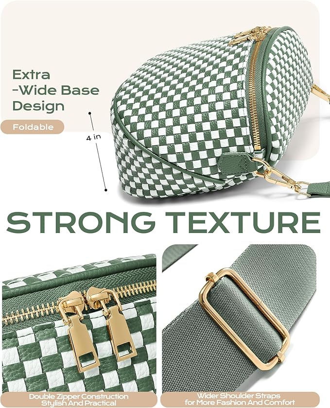 Trendy Woven Checkered Crossbody Bum Bag for Women，PU Leather Checkered Purse Fanny Packs Belt Bag (Woven Bum Bag - Bean Green White)